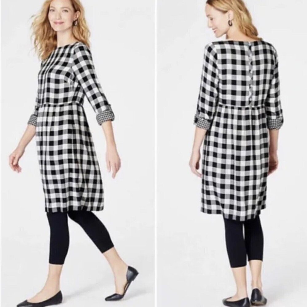 J Jill X-Small Shirt Dress Shell Button Black White Buffalo Plaid Rayon Womens